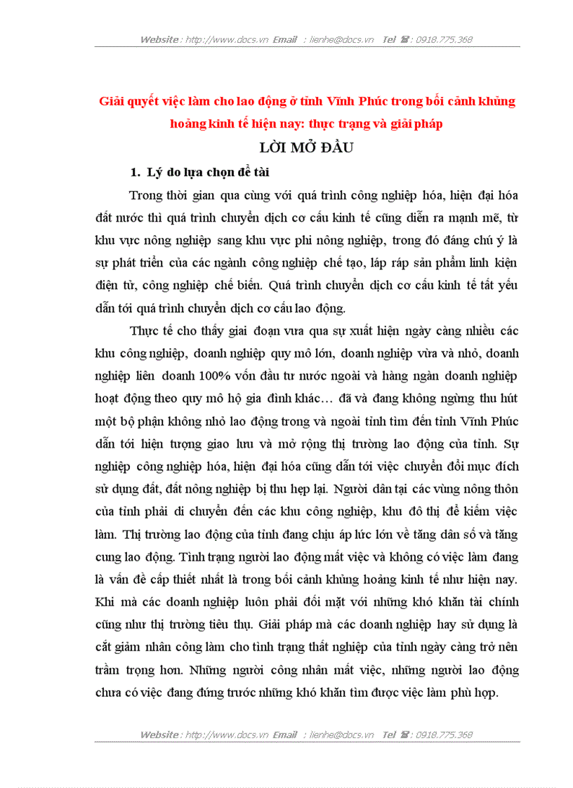 Giải quyết việc làm cho lao động ở tỉnh Vĩnh Phúc trong bối cảnh khủng hoảng kinh tế hiện nay thực trạng và giải pháp