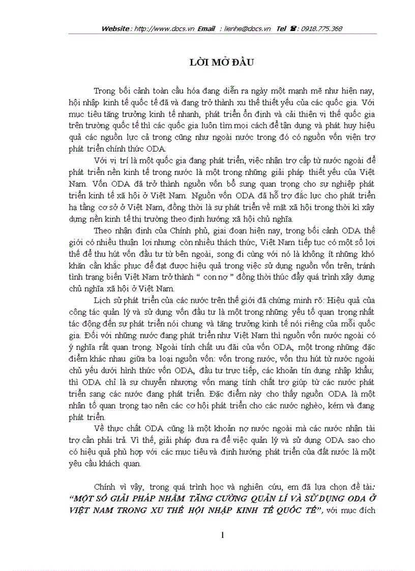 Một số giải pháp nhằm tăng cường quản lí và sử dụng oda ở việt nam trong xu thế hội nhập kinh tế quốc tế