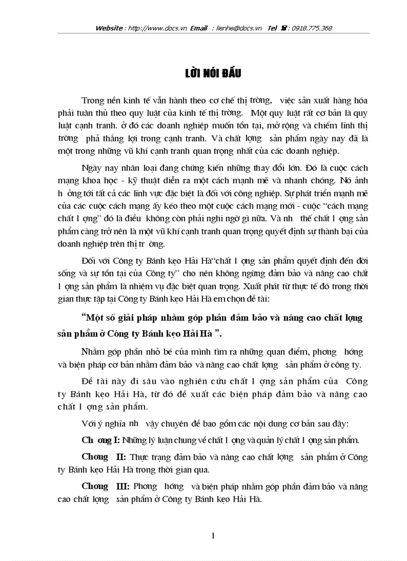 Một số giải pháp nhằm góp phần đảm bảo và nâng cao chất lượng sản phẩm ở Công ty Bánh kẹo Hải Hà