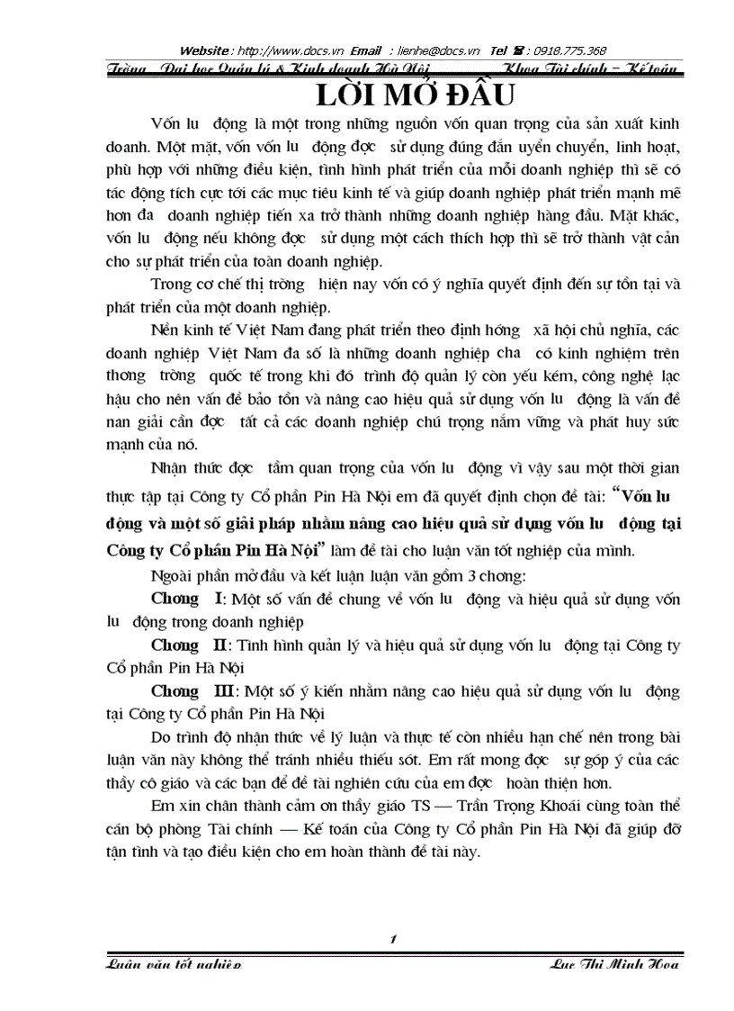 Vốn lưu động và một số giải pháp nhằm nâng cao hiệu quả sử dụng vốn lưu động tại Công ty Cổ phần Pin Hà Nội