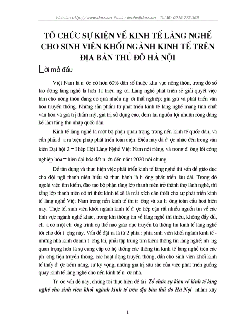 Tổ chức sự kiện về kinh tế làng nghề cho sinh viên khối ngành kinh tế trên địa bàn thủ đô hà nội