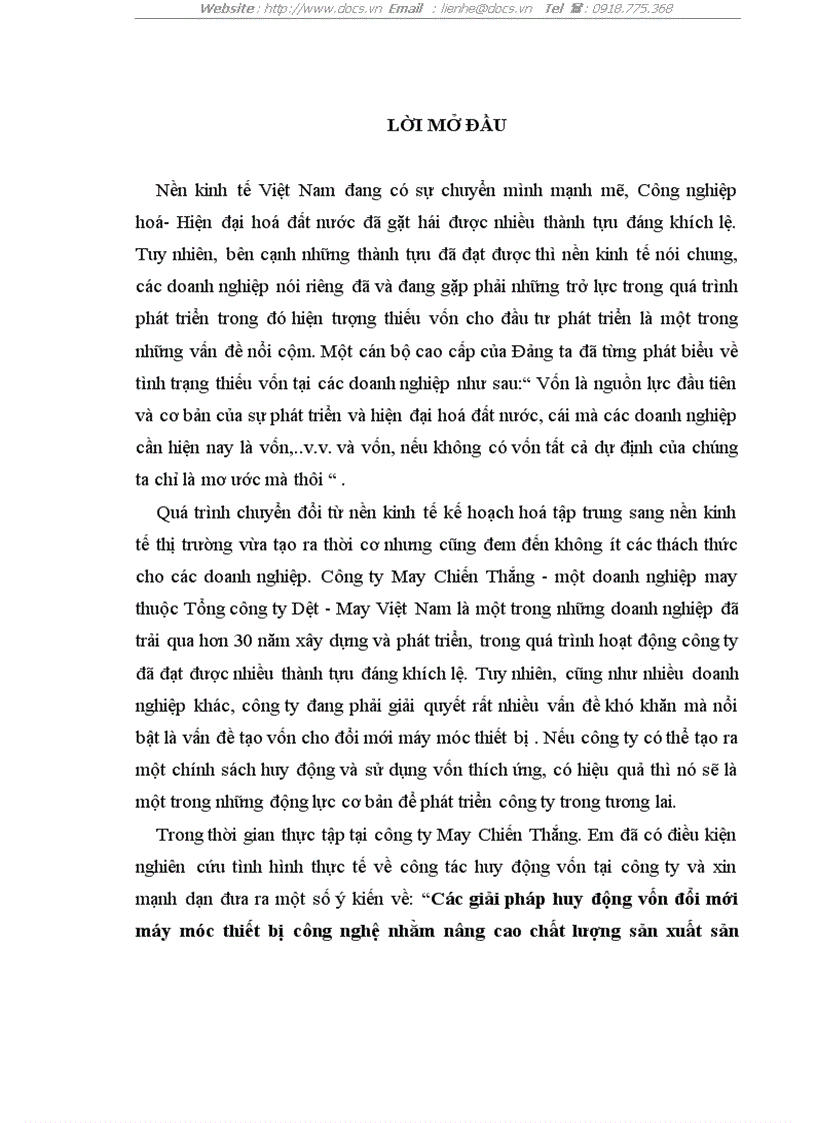Các giải pháp huy động vốn đổi mới máy móc thiết bị công nghệ nhằm nâng cao chất lượng sản xuất sản phẩm tăng khả năng cạnh tranh của sản phẩm may tạ