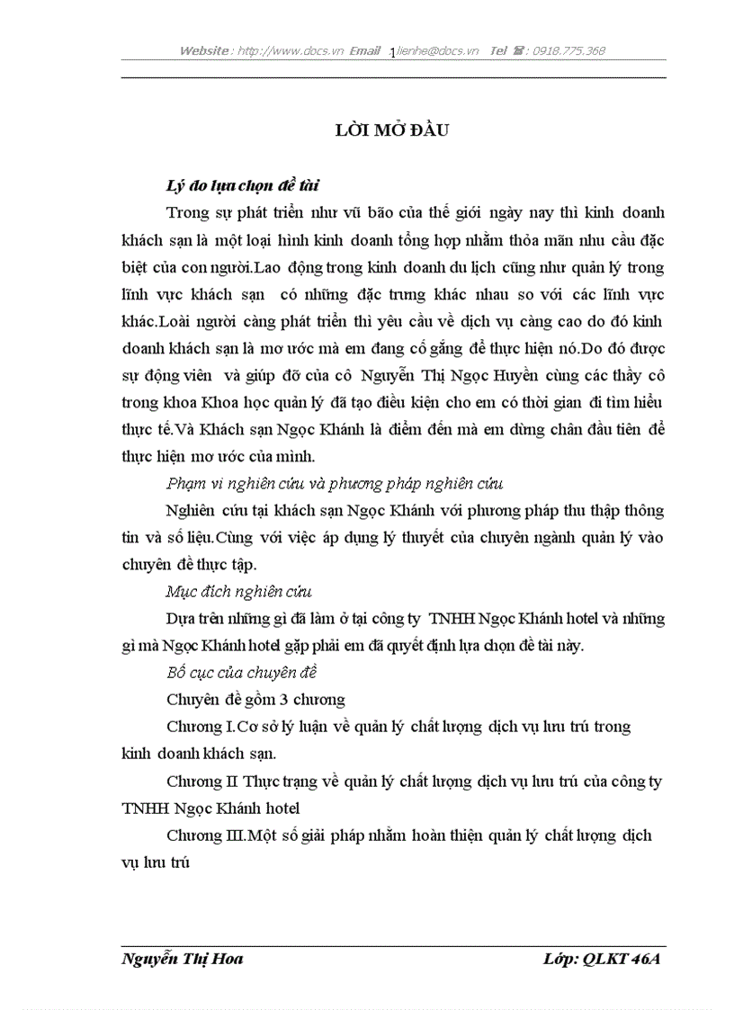 Một số giải pháp nhằm hoàn thiện quản lý chất lượng dịch vụ tại công ty tnhh ngọc khánh hotel