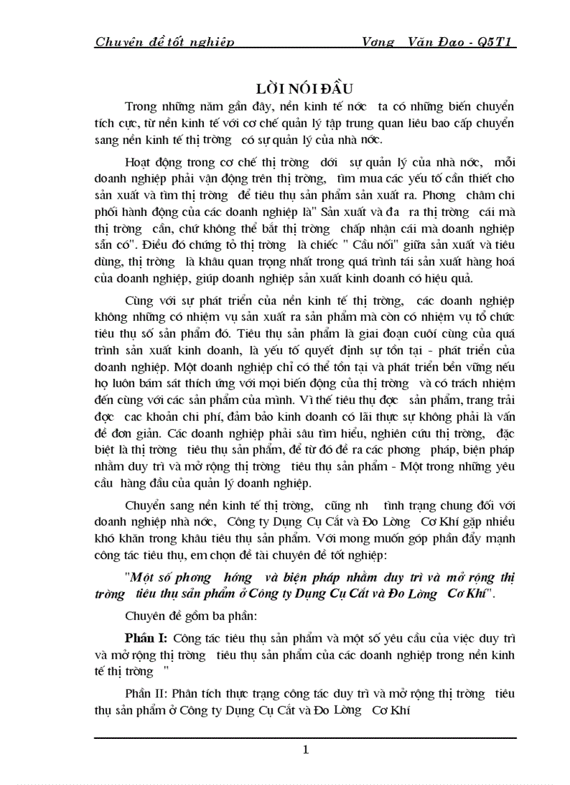 Một số phương hướng và biện pháp nhằm duy trì và mở rộng thị trường tiêu thụ sản phẩm của công ty Dụng Cụ Cắt và Đo Lường Cơ Khí