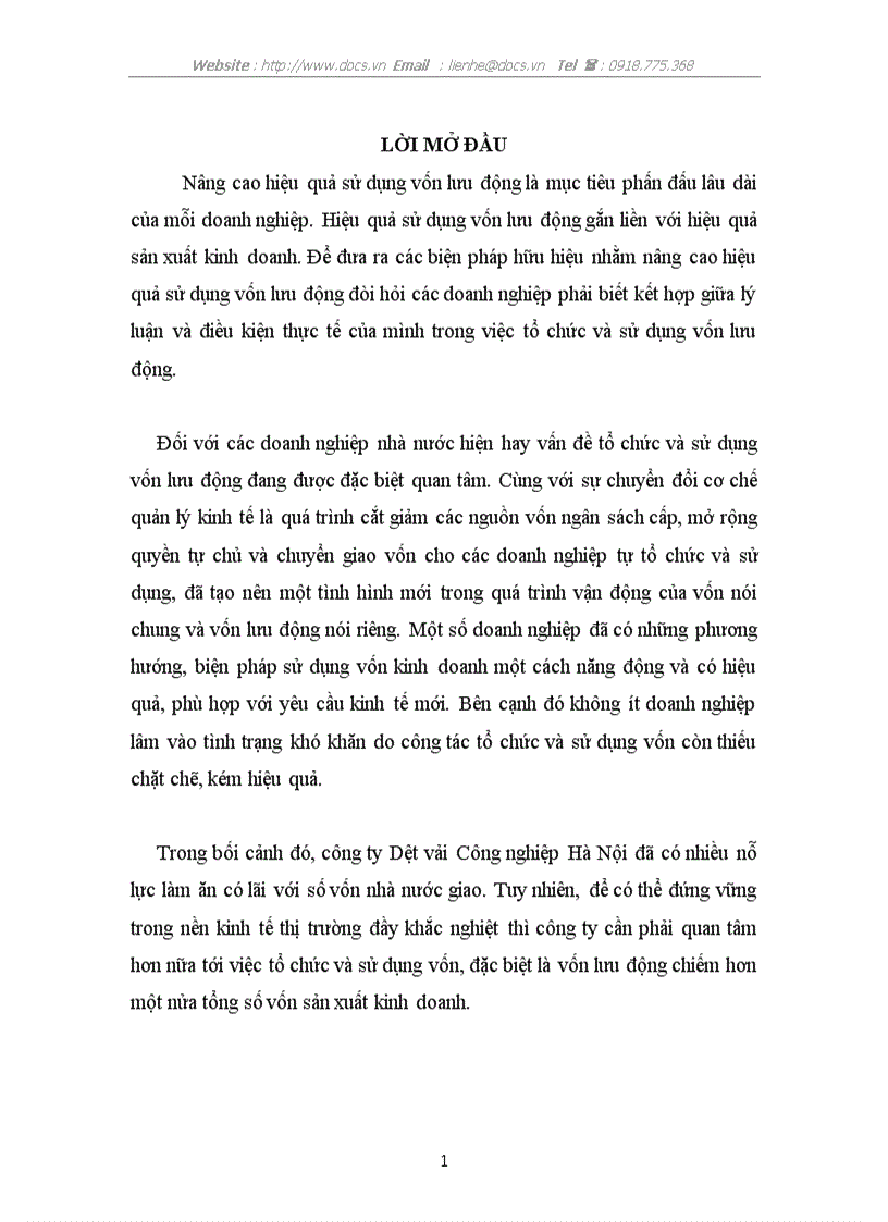 Một số biện pháp nhằm nâng cao hiệu quả tổ chức sử dụng vốn lưu động tại công ty Dệt vải Công nghệip Hà Nội
