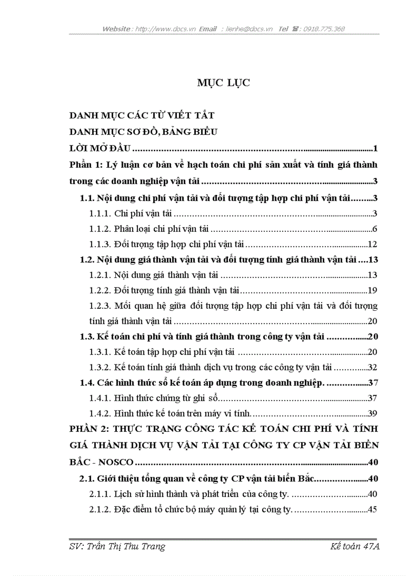 Hoàn thiện công tác kế toán chi phí và tính giá thành dịch vụ vận tải tại công ty cổ phần vận tải biển Bắc NOSCO