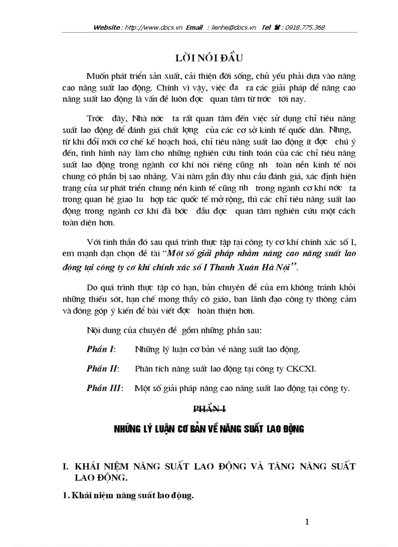 Một số giải pháp nhằm nâng cao năng suất lao động tại công ty cơ khí chính xác số I Thanh Xuân Hà Nội