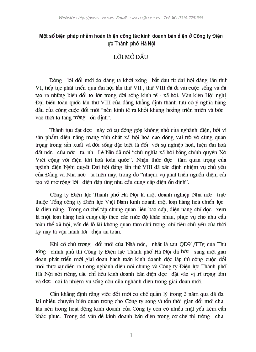 Một số biện pháp nhằm hoàn thiện công tác kinh doanh bán điện ở Công ty Điện lực Thành phố Hà Nội