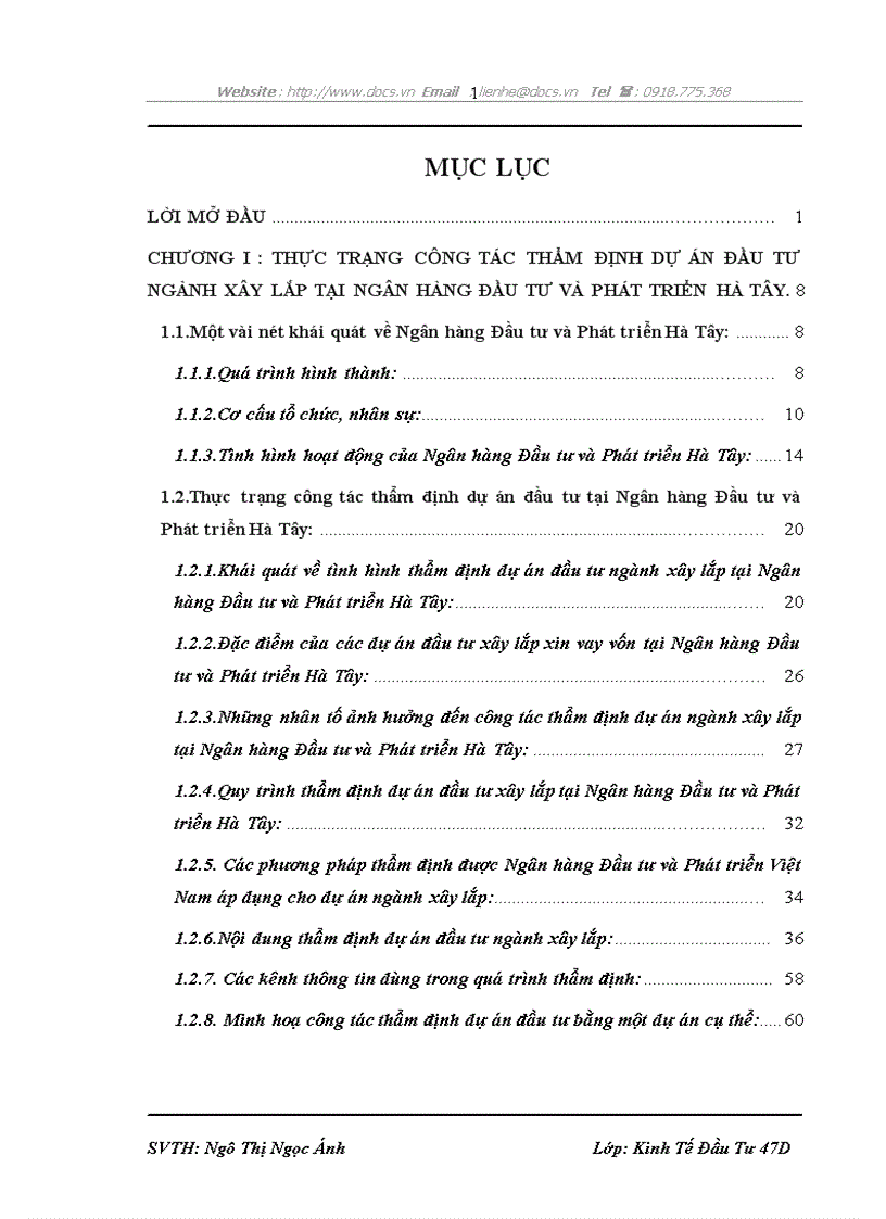 Hoàn thiện công tác thẩm định dự án đầu tư ngành xây lắp tại Ngân hàng Đầu tư và Phát triển Hà Tây