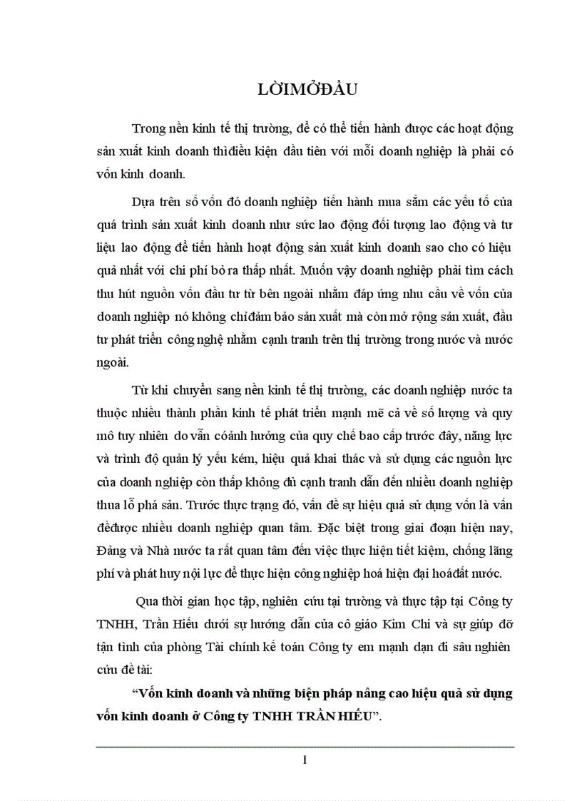 Vốn kinh doanh và những biện pháp nâng cao hiệu quả sử dụng vốn kinh doanh ở Công ty TNHH TRẦN HIẾU