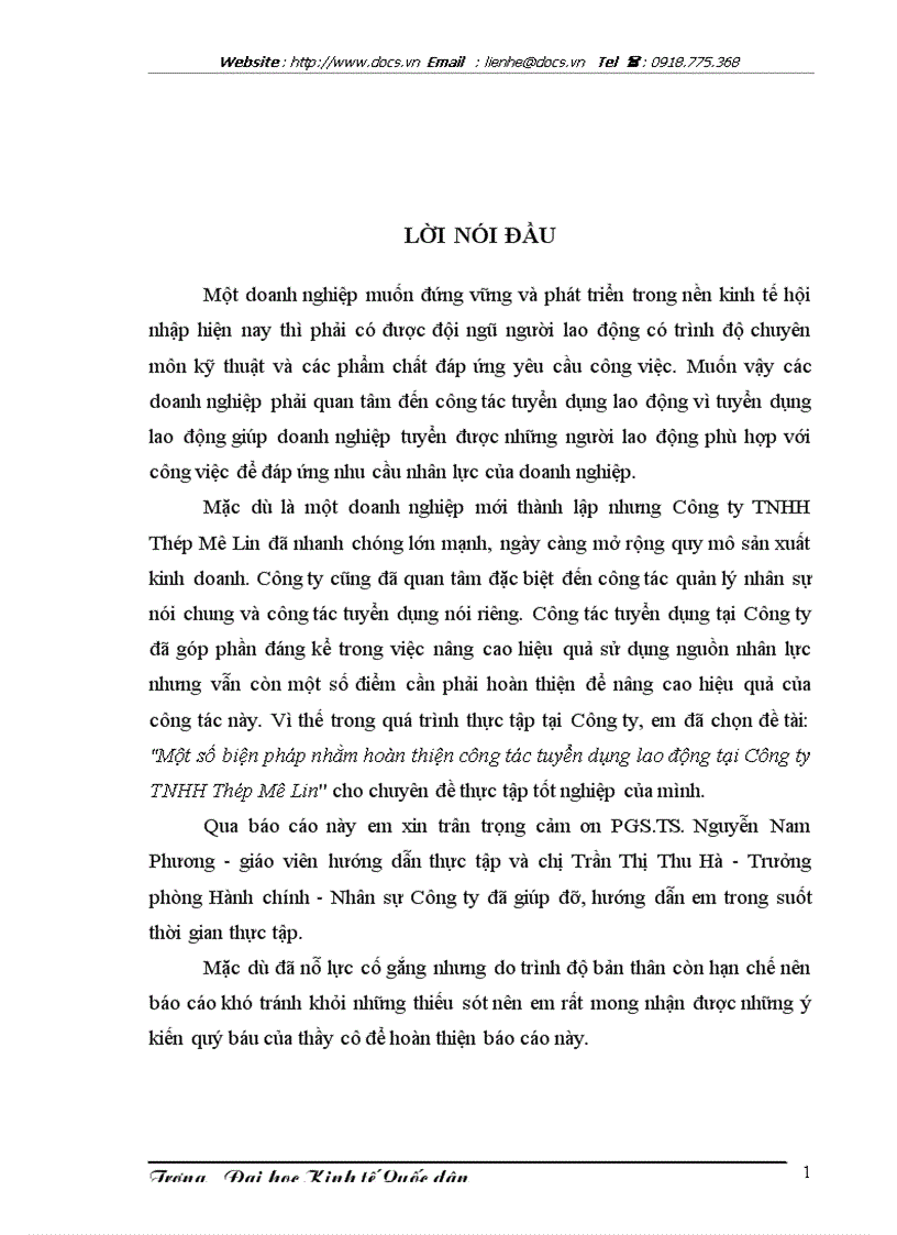 1số biện pháp nhằm hoàn thiện công tác tuyển dụng lao động tại Công ty TNHH Thép Mê Lin