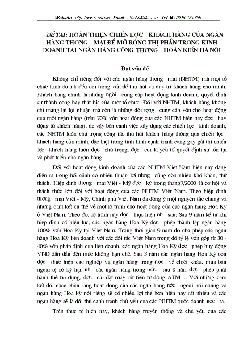 Hoàn thiện chiến lược khách hàng của ngân hàng thương mại để mở rộng thị phần trong kinh doanh tại ngân hàng công thương hoàn kiến hà nội