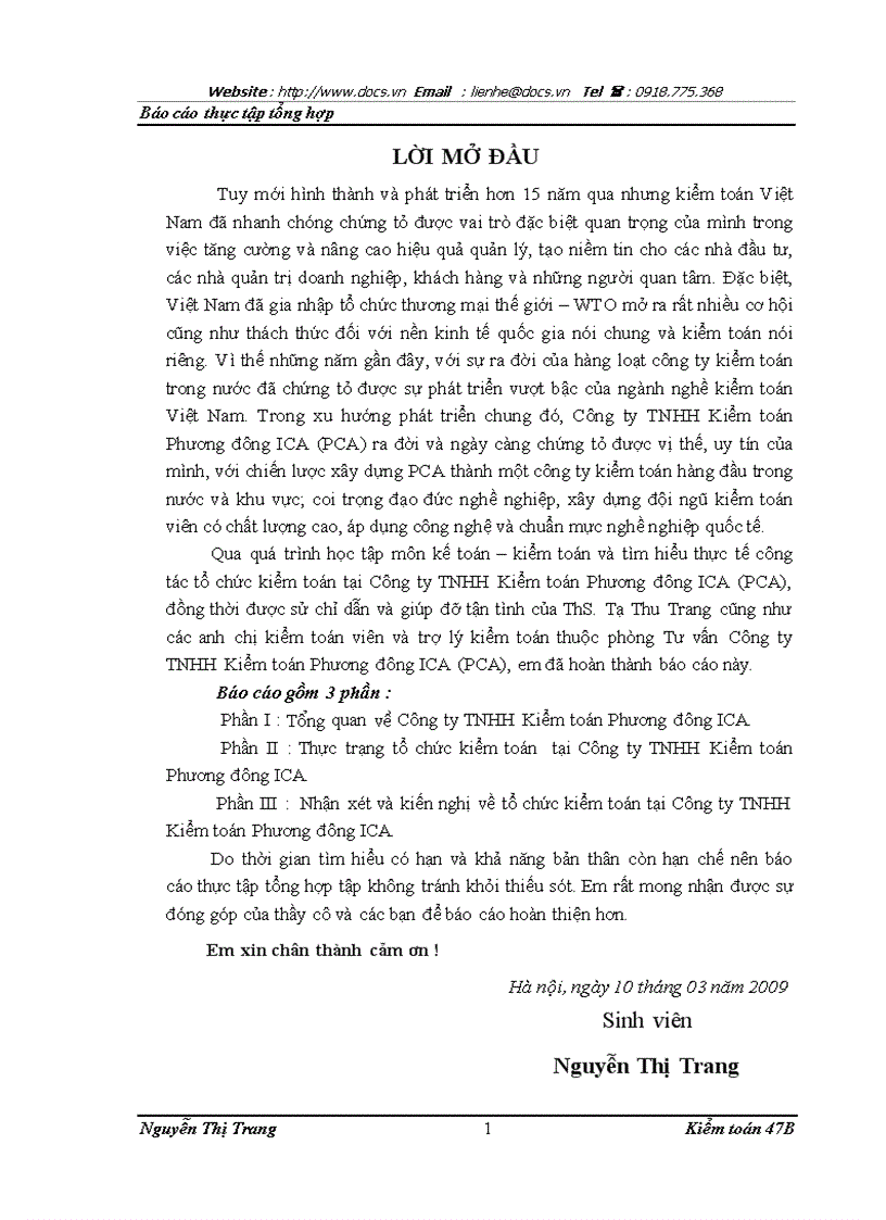 Thực tế công tác tổ chức kiểm toán tại Công ty TNHH Kiểm toán Phương đông ICA PCA