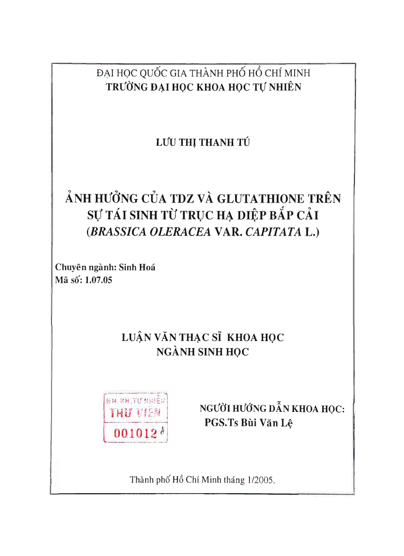 Ảnh hưởng của tdz và glutathione trên sự tái sinh từ trục hạ diệp bắp cải brassica oleracea var Capitata l