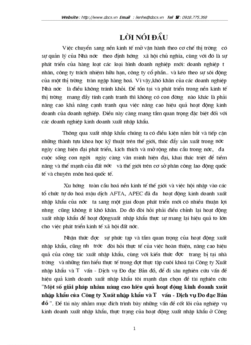 Một số giải pháp nhằm nâng cao hiệu quả hoạt động kinh doanh xuất nhập khẩu của Công ty Xuất nhập khẩu và Tư vấn Dịch vụ Đo đạc Bản đồ