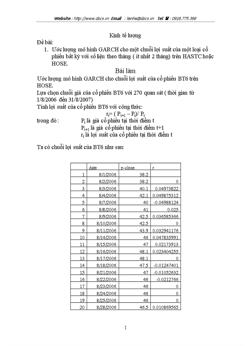 Ước lượng mô hình GARCH cho một chuỗi lợi suất của một loại cổ phiếu bất kỳ với số liệu theo tháng ít nhất 2 tháng trên HASTC hoặc HOSE