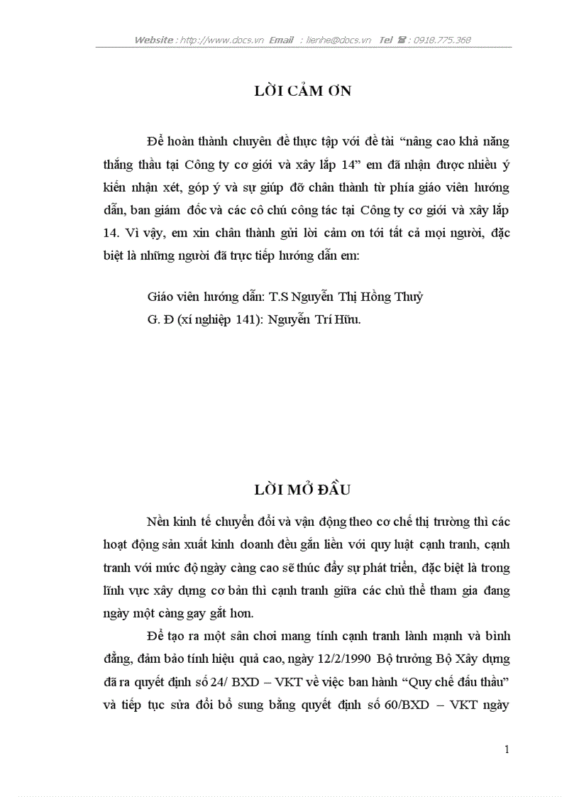 Một số giải pháp nhằm nâng cao khả năng thắng thầu của Công ty cơ giới và xây lắp 14