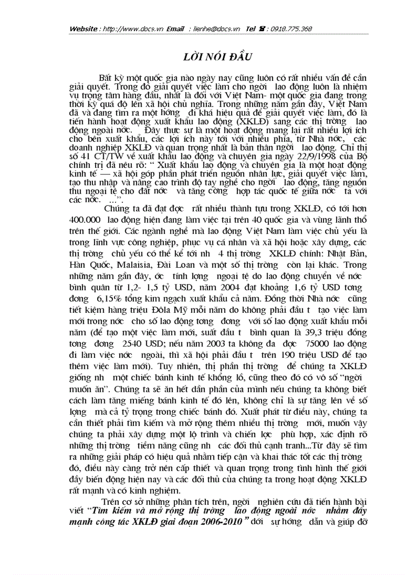 Tìm kiếm và mở rộng thị trường lao động ngoài nước nhằm đẩy mạnh công tác XKLĐ giai đoạn 2006 2010
