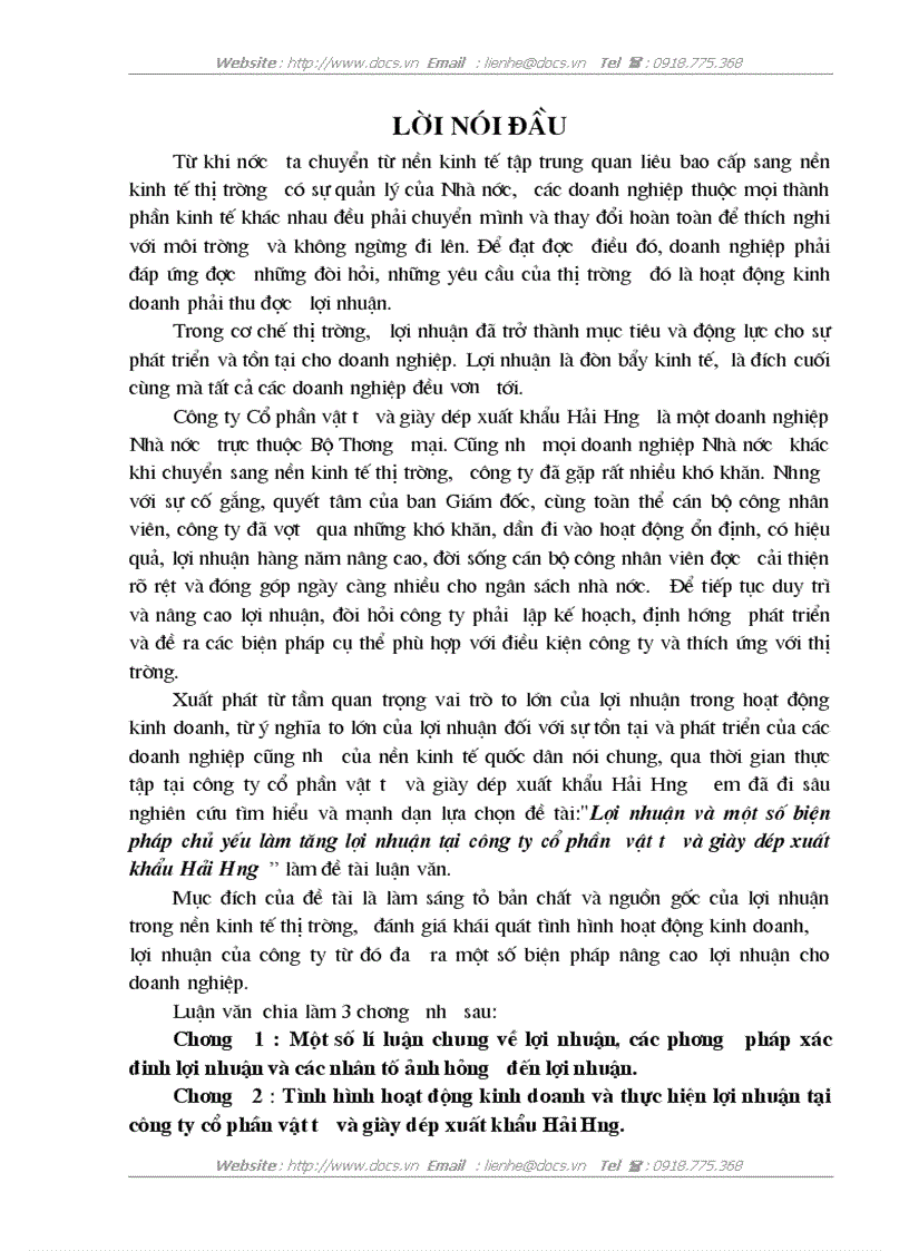 Lợi nhuận và một số biện pháp chủ yếu làm tăng lợi nhuận tại công ty cổ phần vật tư và giày dép xuất khẩu Hải Hưng