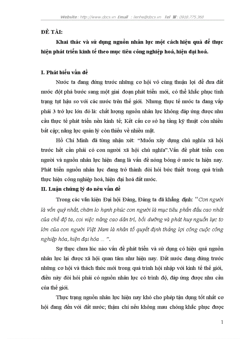Khai thác và sử dụng nguồn nhân lực một cách hiệu quả để thực hiện phát triển kinh tế theo mục tiêu công nghiệp hoá hiện đại hoá