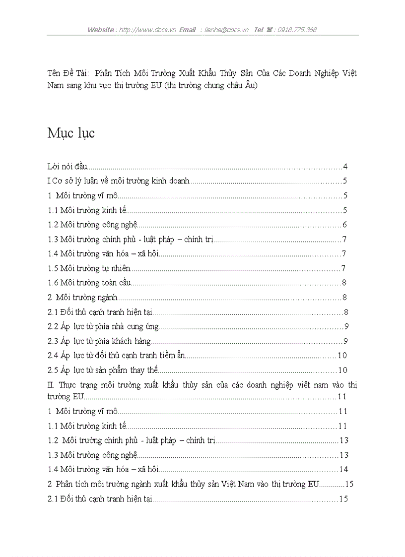 Phân Tích Môi Trường Xuất Khẩu Thủy Sản Của Các Doanh Nghiệp Việt Nam sang khu vực thị trường EU thị trường chung châu Âu