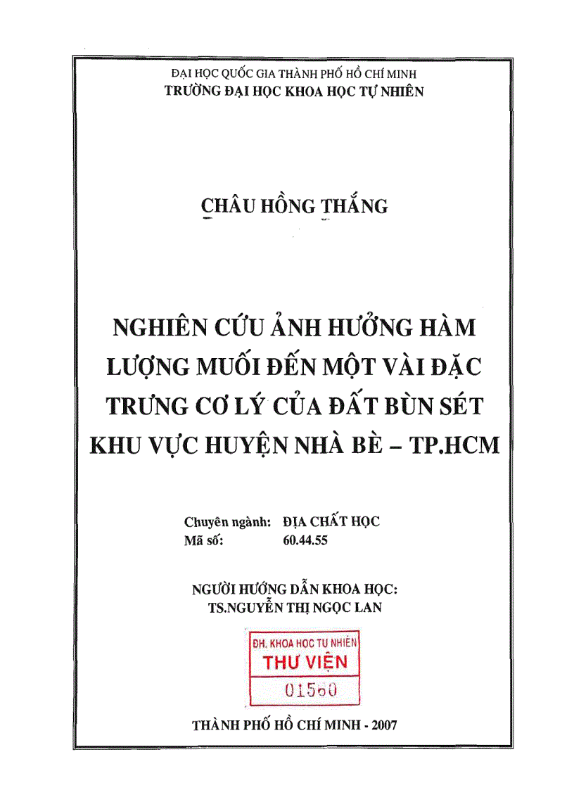 Nghiên cứu ảnh hưởng hàm lượng muối đến một vài đặc trưng cơ lý của đất bùn sét khu vực huyện nhà bè tp hcm