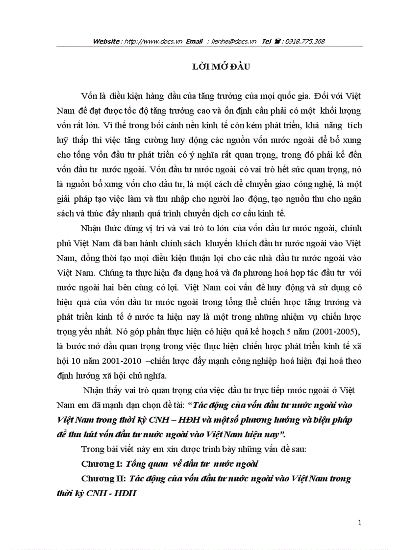 Tác động của vốn đầu tư nước ngoài vào Việt Nam trong thời kỳ CNH HĐH và một số phương hướng và biện pháp để thu hút vốn đầu tư nước ngoài vào Việt