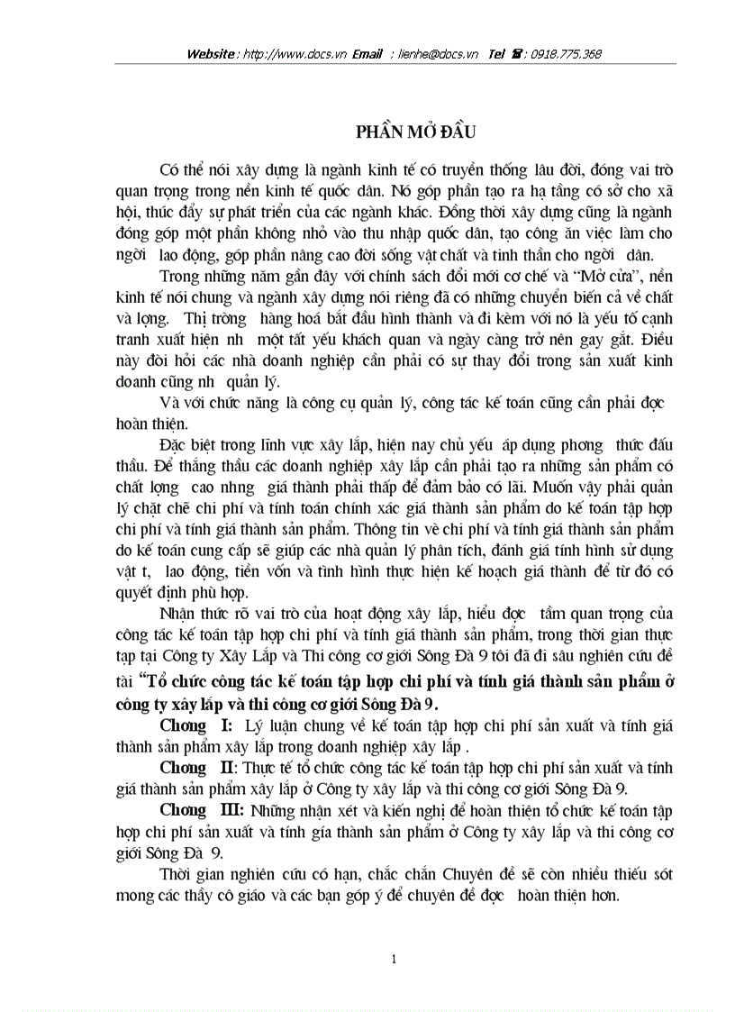 Tổ chức công tác kế toán tập hợp chi phí chi phí sản xuất và tính giá thành sản phẩm ở Công ty xây lắp và thi công cơ giới Sông Đà 9