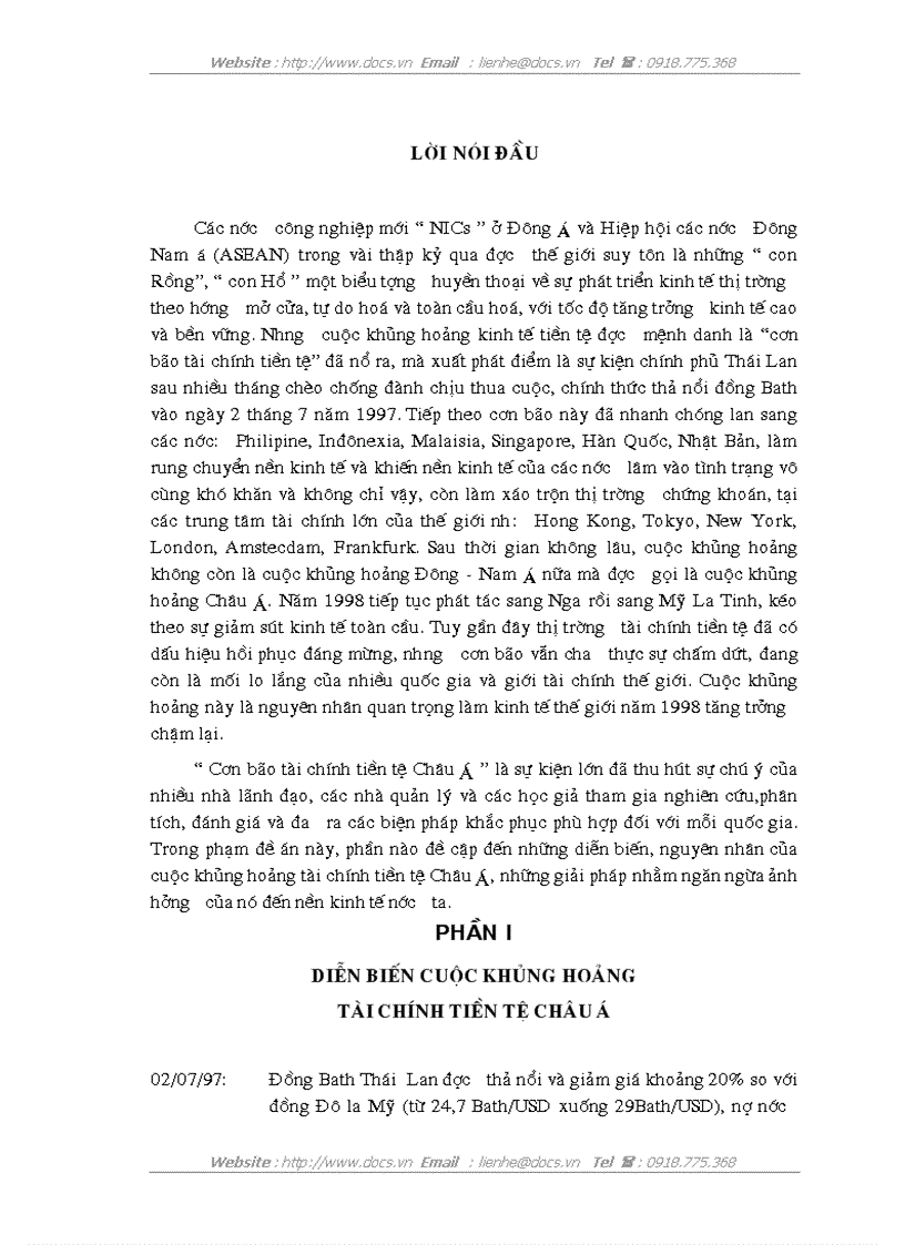 Diễn biến nguyên nhân của cuộc khủng hoảng tài chính tiền tệ Châu Á và giải pháp ngăn ngừa ảnh hưởng của nó đến nền kinh tế nước ta