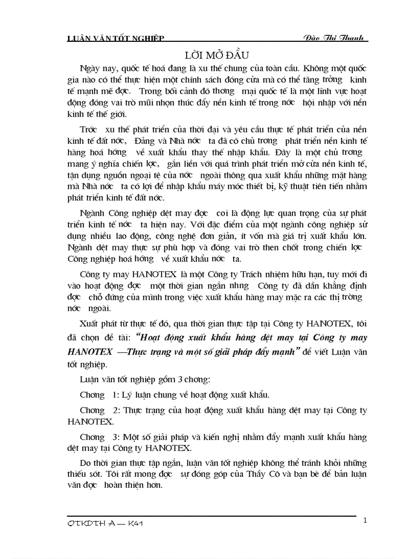 Hoạt động xuất khẩu hàng dệt may tại Công ty may HANOTEX Thực trạng và một số giải pháp đẩy mạnh