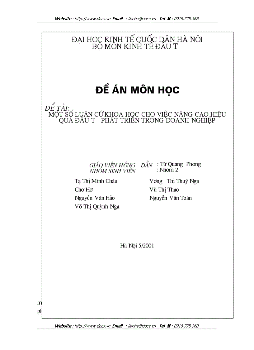 Một số luận cứ khoa học cho việc nâng cao hiệu quả đầu tư phát triển trong doanh nghiệp