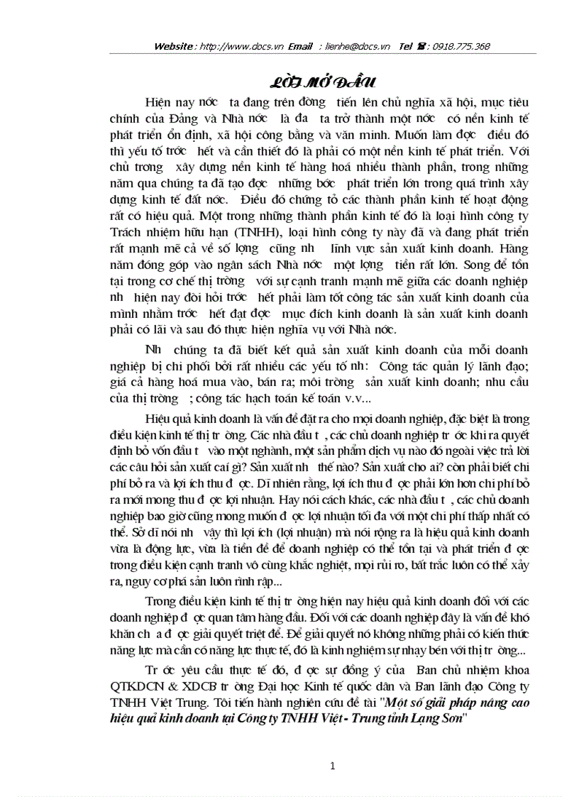 Một số giải pháp nâng cao hiệu quả kinh doanh tại Công ty TNHH Việt Trung tỉnh Lạng Sơn