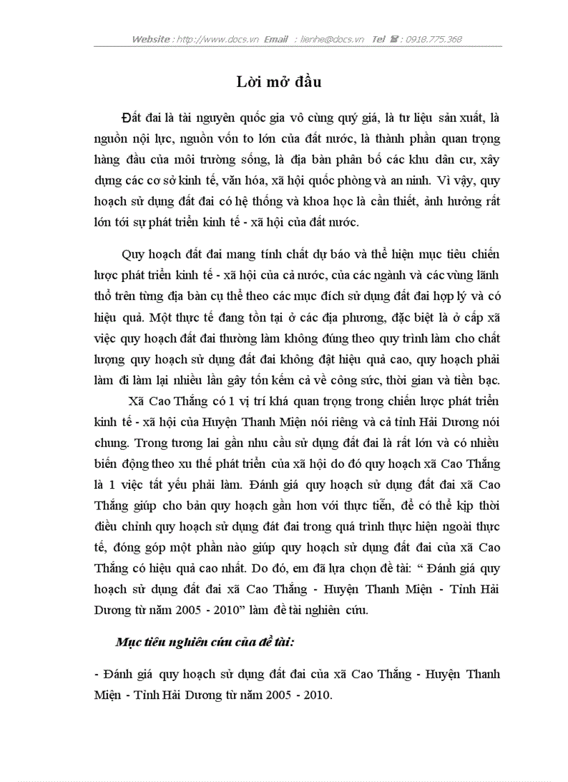 Đánh giá quy hoạch sử dụng đất đai xã Cao Thắng Huyện Thanh Miện Tỉnh Hải Dương từ năm 2005 2010