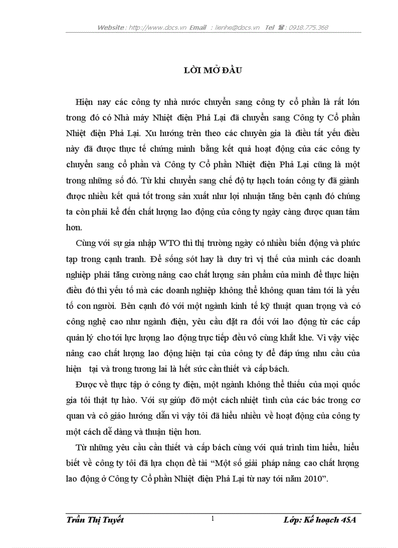 Một số giải pháp nâng cao chất lượng lao động ở Công ty Cổ phần Nhiệt điện Phả Lại từ nay tới năm 2010