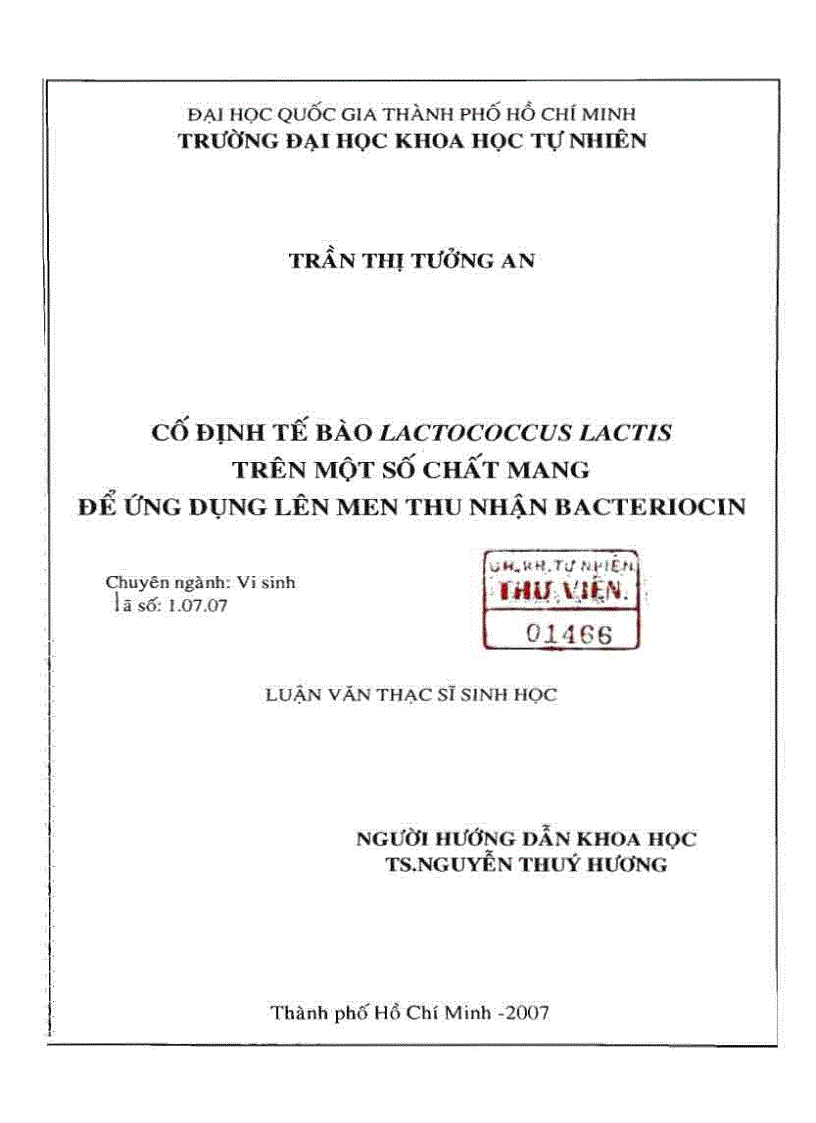 Cố định tế bào lactococcus lactis trên một số chất mang để ứng dụng lên men thu nhận bacteriocin