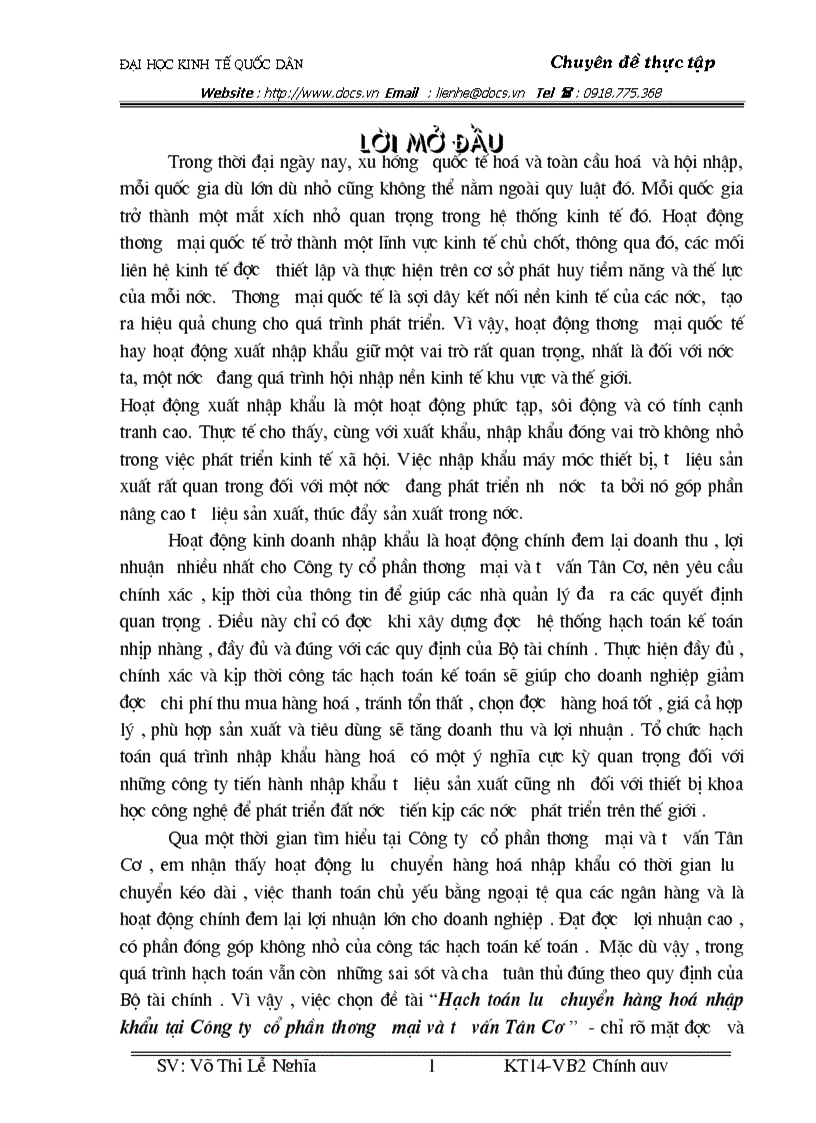 Hoàn thiện hạch toán lƯu chuyển hàng hoá nhập khẩu tại Công ty cổ phần thƯơng mại và tƯ vấn tân Cơ