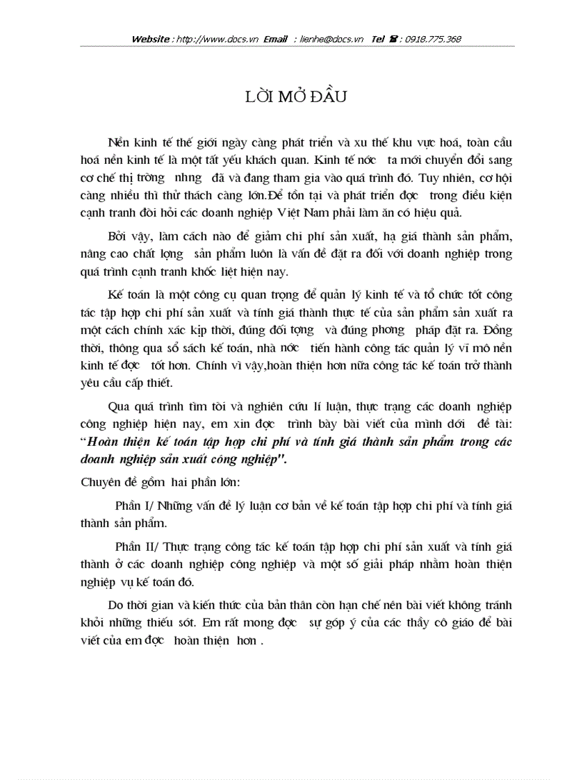 Hoàn thiện kế toán tập hợp chi phí và tính giá thành sản phẩm trong các Doanh nghiệp sản xuất công nghiệp