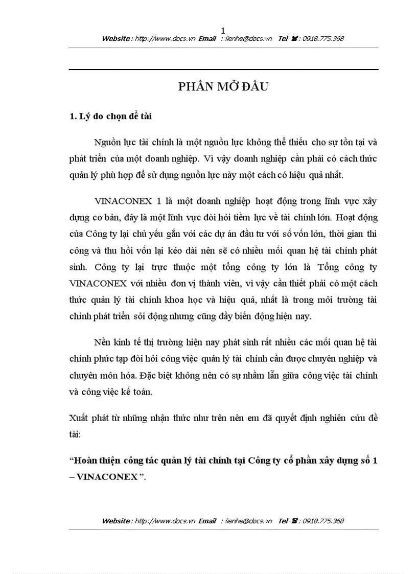 Hoàn thiện công tác quản lý tài chính tại Công ty cổ phần xây dựng số 1 VINACONEX