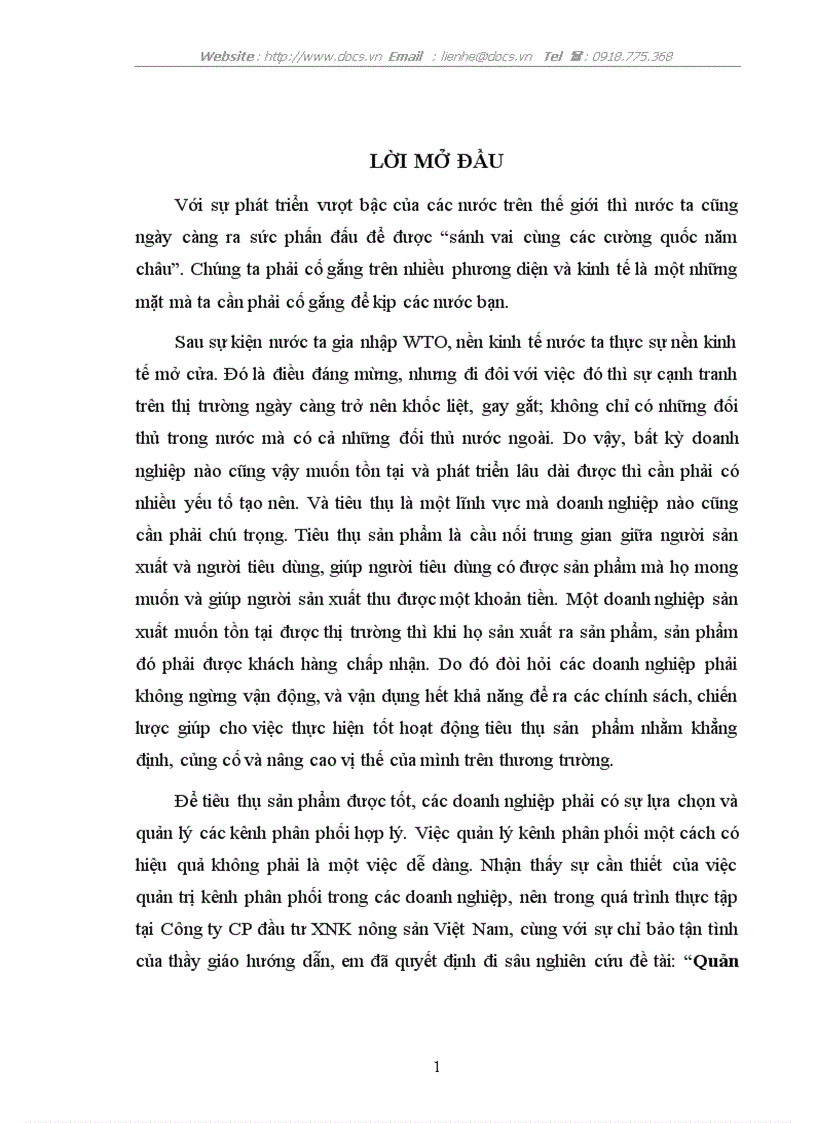 Quản trị kênh phân phối sản phẩm của Công ty CP đầu tư XNK nông sản Việt Nam