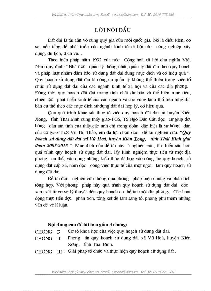 Quy hoạch sử dụng đất đai xã Vũ Hoà huyện Kiến Xương tỉnh Thái Bình giai đoạn 2005 2015
