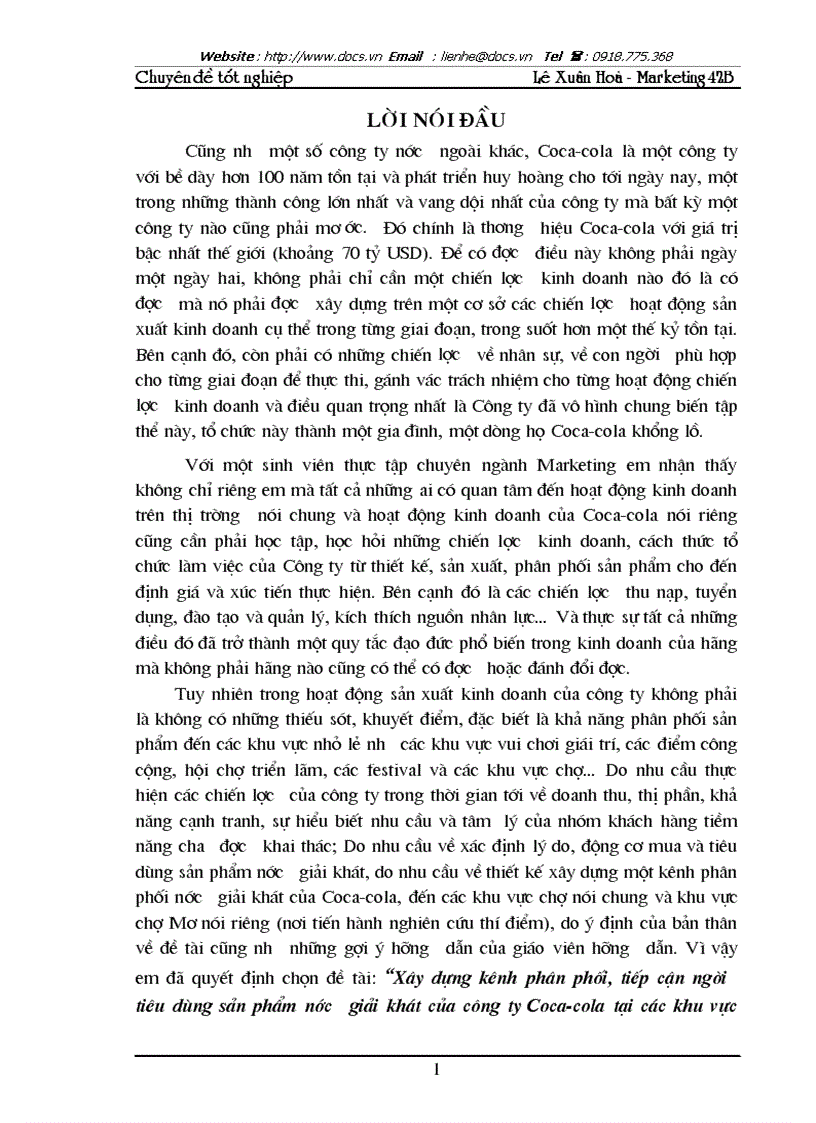 Xây dựng kênh phân phối tiếp cận người tiêu dùng sản phẩm nước giải khát của công ty Coca cola tại các khu vực chợ trên địa bàn Hà Nội