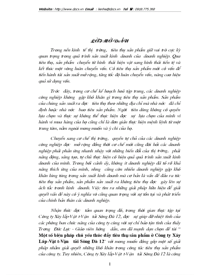 1số biện pháp chủ yếu thúc đẩy tiêu thụ sản phẩm ở Công ty Xây Lắp vật tư vận tải Sông Đà 12