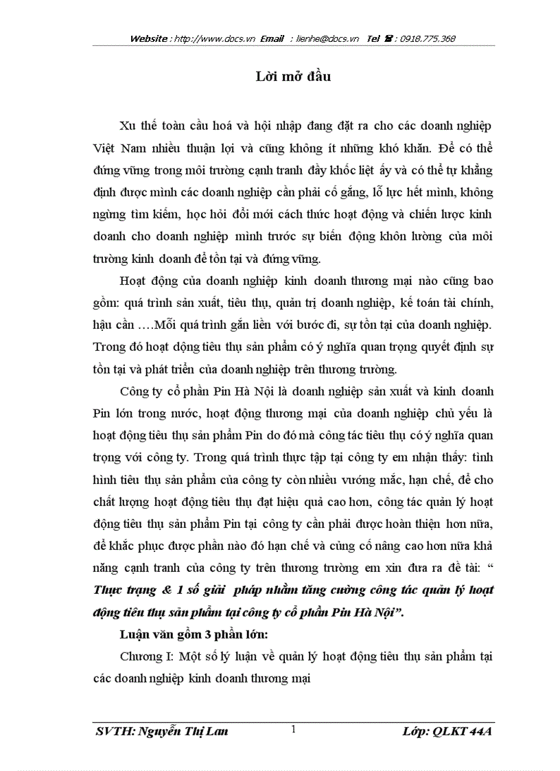 Thực trạng 1 số giải pháp nhằm tăng cường công tác quản lý hoạt động tiêu thụ sản phẩm tại công ty cổ phần Pin Hà Nội