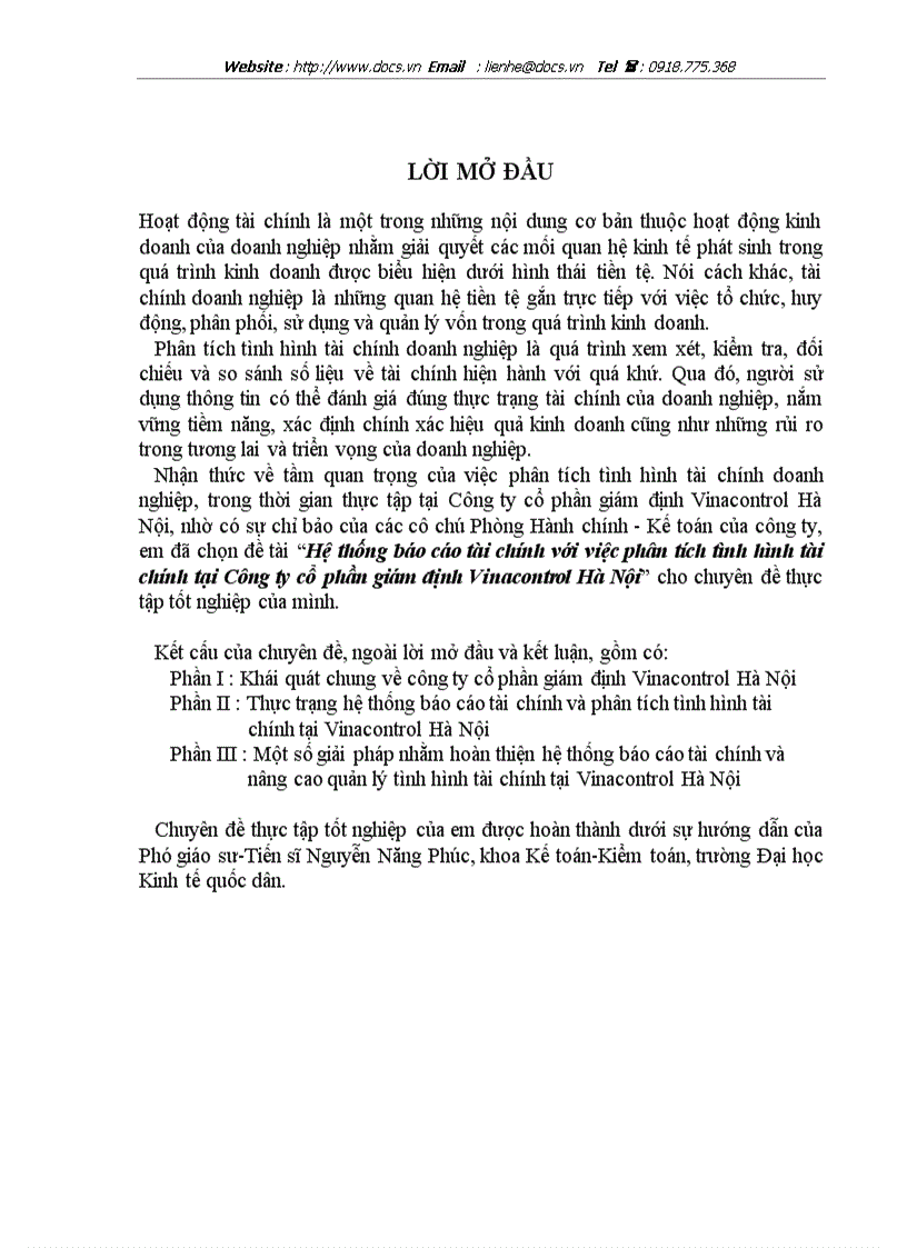 Hệ thống báo cáo tài chính với việc phân tích tình hình tài chính tại Công ty cổ phần giám định Vinacontrol Hà Nội