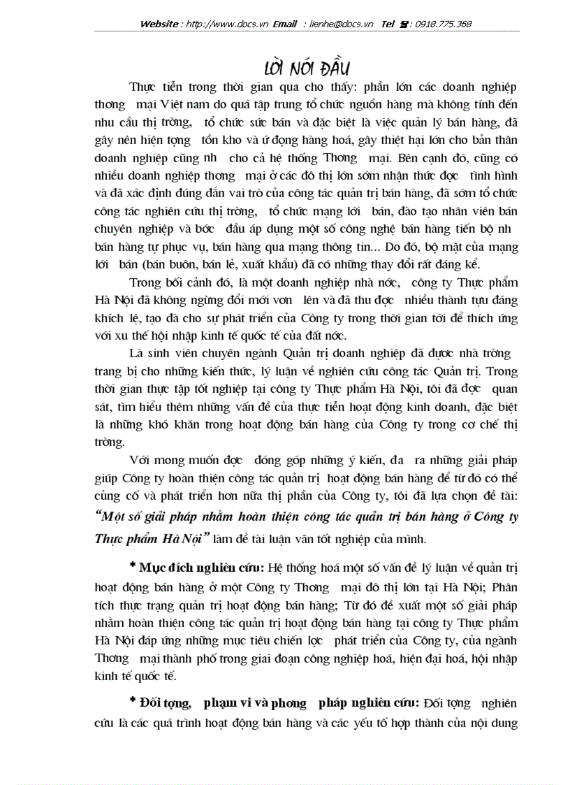 Một số giải pháp nhằm hoàn thiện công tác quản trị bán hàng ở Công ty Thực phẩm Hà Nội