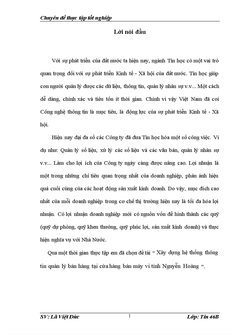 Xây dựng hệ thống thông tin quản lý bán hàng tại cửa hàng bán máy vi tính Nguyễn Hoàng