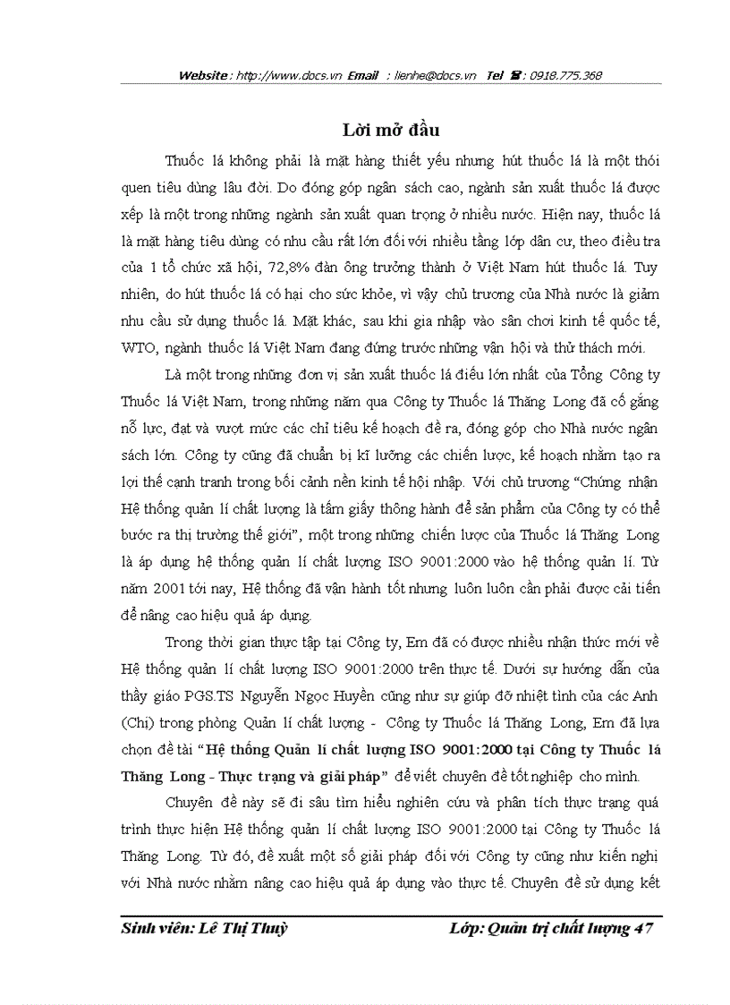 Hệ thống Quản lí chất lượng ISO 9001 2000 tại Công ty Thuốc lá Thăng Long Thực trạng và giải pháp
