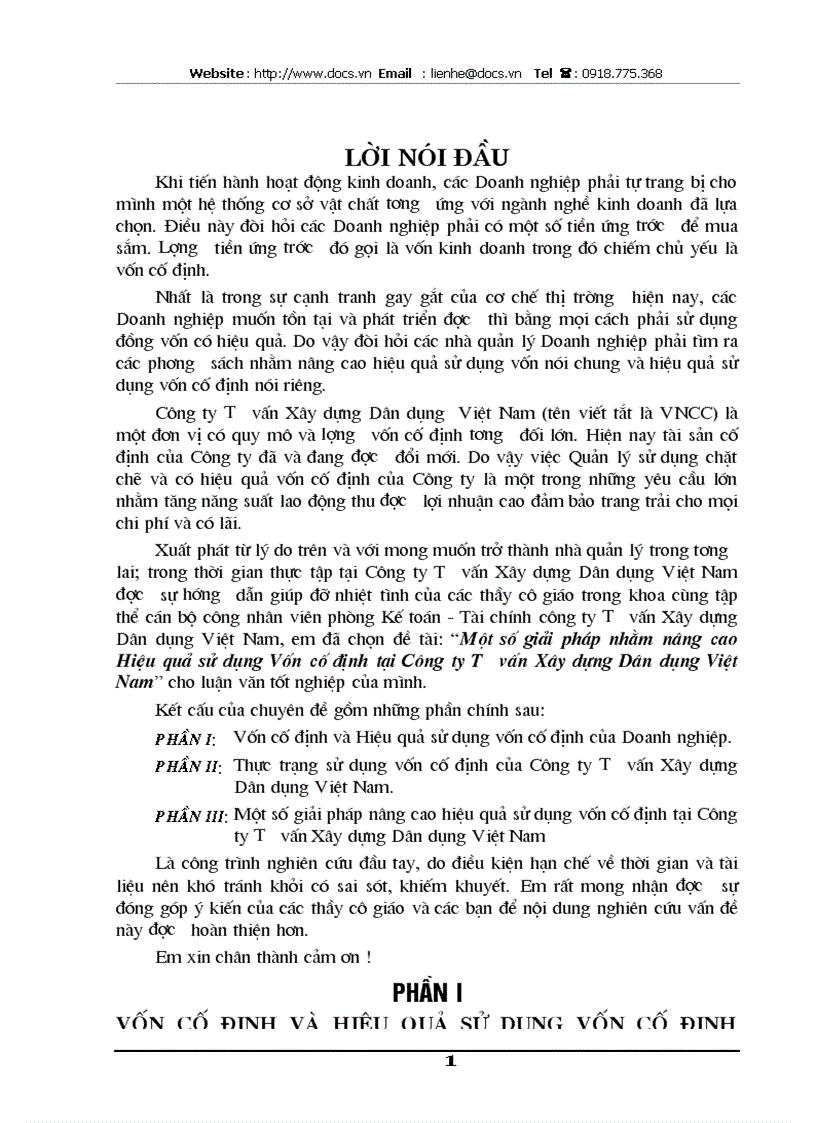 Một số giải pháp nhằm nâng cao Hiệu quả sử dụng Vốn cố định tại Công ty Tư vấn Xây dựng Dân dụng Việt Nam