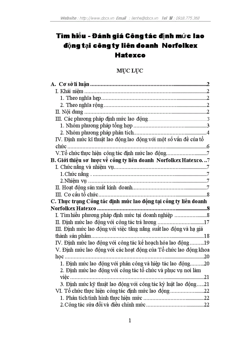 Tìm hiểu Đánh giá Công tác định mức lao động tại công ty liên doanh Norfolkex Hatexco