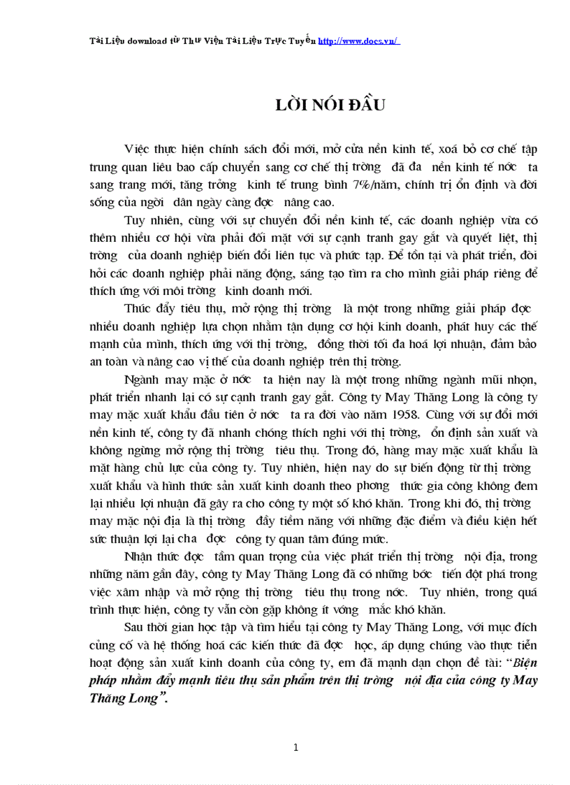 Biện pháp nhằm đẩy mạnh tiêu thụ sản phẩm trên thị trường nội địa của công ty May Thăng Long